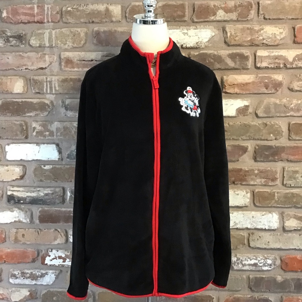 DISNEY Women's Mickey & Minnie Black Fleece Jacket with Red Trim XL